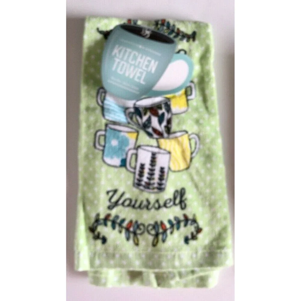 Expresso Yourself Coffee Themed Set of 3 Dish Towel Potholder Oven Mitt Lime